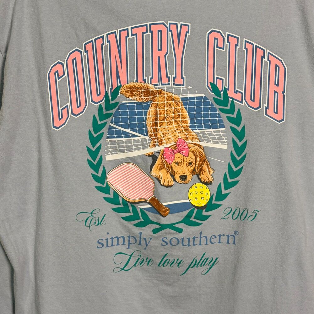 Simply Southern Country Club Pickleball Dog T-Shirt Light Blue Short Sleeve LG